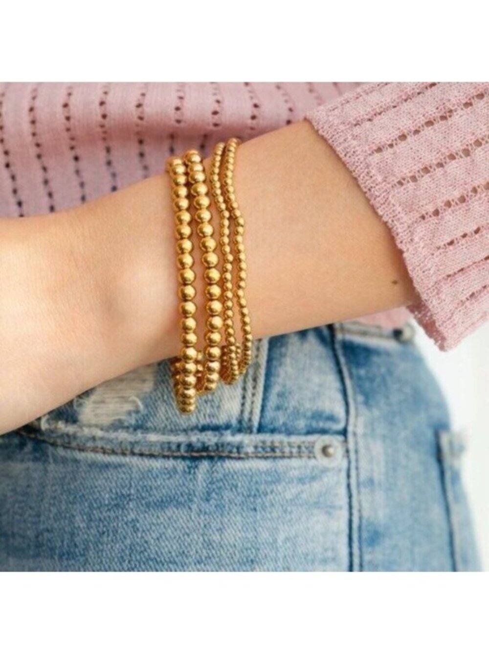 Set Of 2 Waterproof Gold Bead Stretch Bracelets 18K Non-tarnish Bracelet Stack